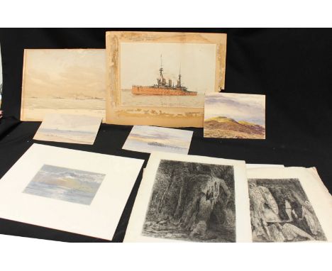 A folio of various unframed watercolours and prints etc, including a portrait of HMS Indomitable, signed "Fearns, 1909, sever