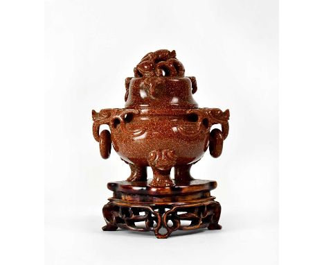 A Chinese goldstone censer and cover, the cover decorated with a serpent and three elephant mask handles, one with drop loop 