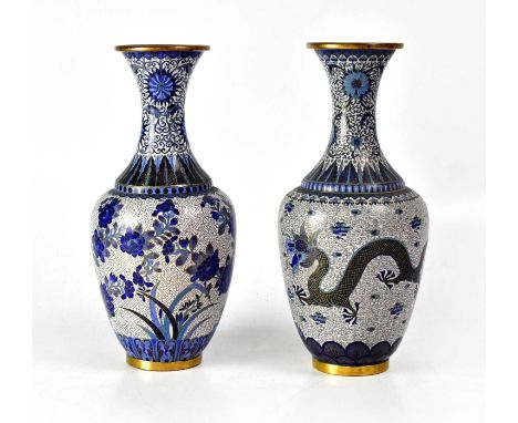 A pair of cloisonné baluster form vases, decorated in blue and white, one with a pair of five-claw dragons chasing a pearl, t