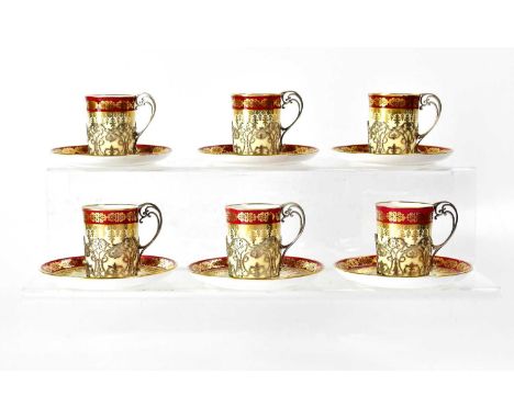 JOSIAH WILLIAMS &amp; CO; a cased set of six George V hallmarked silver and Collingwoods bone china coffee cups and saucers i