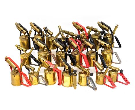 A quantity of vintage brass blow lamps to include a Twigg &amp; Co Ltd Buflam example, an Original Max Sievert, Stockholm exa