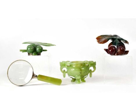 A Chinese carved celadon jade censer with elephant mask drop ring handles, to three feet, height 8cm (lacking lid), together 