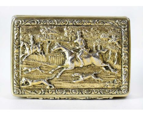 EDWARD SMITH; a William IV hallmarked silver gilt snuffbox with hunting scene to the lid and engine turned, ribbed and floral