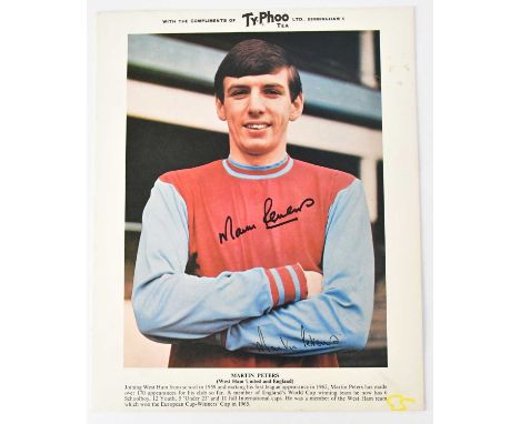 WEST HAM UNITED AND ENGLAND; three signed Ty-Phoo Tea Ltd collectors' cards, comprising Bobby Moore, Martin Peters, and Geoff