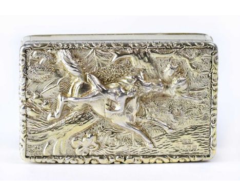 EDWARD SMITH; a Victorian hallmarked silver gilt snuffbox, with engine turned decoration and relief decoration of a poem by L