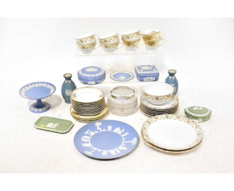 WEDGWOOD; nine items of jasperware including vases, lidded boxes, pedestal dishes, plates, etc, some in eggshell blue and sag