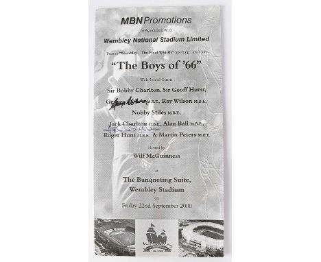 WORLD CUP 1966; a sporting luncheon menu, 'The Boys of '66', Friday 22nd September 2000, multi-signed by members of the team,