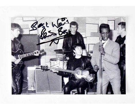 PETE BEST; a reproduced black and white photograph of the Beatles with Pete Best on the drums, signed by Pete Best, 10 x 14.5