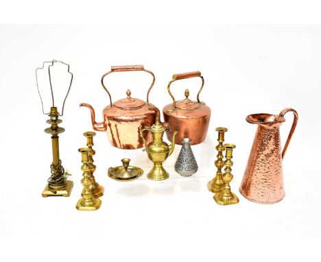 A quantity of brass and copper items including kettles, ornamental tapered large jugs, brass candlesticks, electrical lamp wi