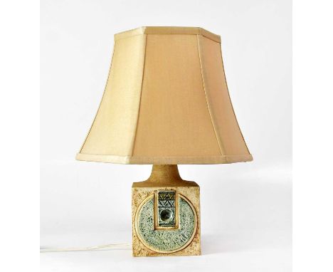 ANNETTE WALTERS FOR TROIKA POTTERY; a cube table lamp with applied and incised geometric decoration to two sides, signed 'Tro