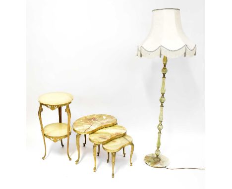 Three items of onyx furniture and lighting, comprising a French-style two-tier circular top occasional table on cast gilt met