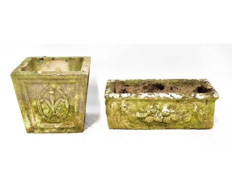 A reconstituted stone garden trough of rectangular form, 19 x 57cm, together with a square-form planter with Classical-style 