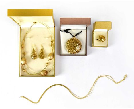 VERONESE; a group of gold-coloured 925 silver jewellery, comprising a circular pendant, diameter 5.1cm, a matching ring, size