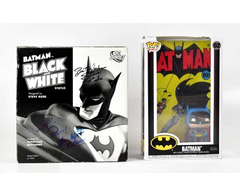 BATMAN; a DC Direct Batman Black and White, the box signed by Adam West and Steve Rude and a Funko Pop! 'Batman' no.02 (2).