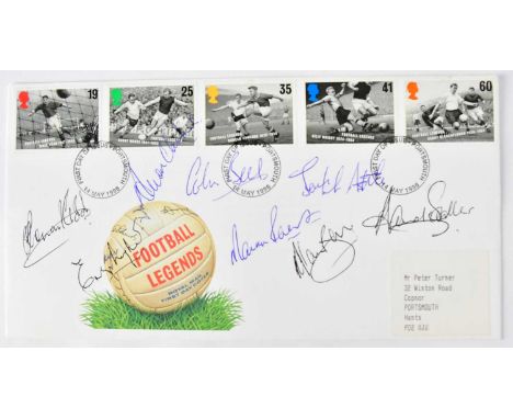 A first day cover signed by various footballers, to include Brian Kidd, Emlyn Hughes, Colin Bell, Alan Clarke, Martin Peters,