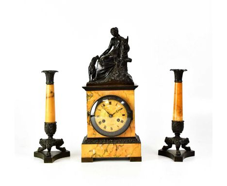 A 19th century French marble and bronze figural clock garniture, the clock surmounted with seated maiden and dog, above gilt 