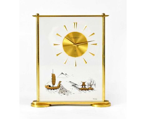 JAEGER-LECOULTRE; a c.1960s Marina Atmos Perspex and brass mantel clock, the dial set with baton markers, above a gilt Chinoi