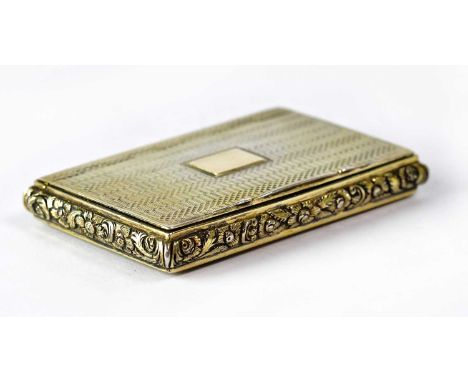 THOMAS SHAW; a William IV hallmarked silver gilt shallow snuffbox, with engine turned and floral decoration, with vacant cart