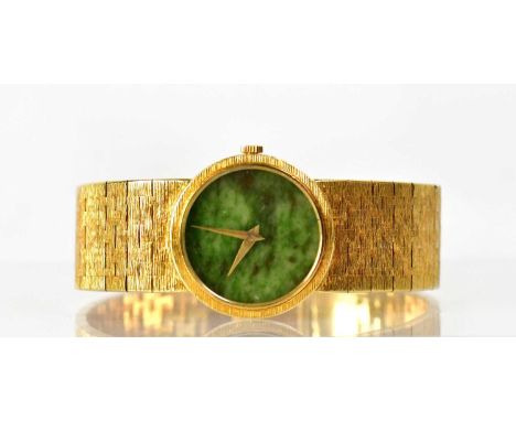 PIAGET; a ladies' 18ct yellow gold wristwatch with jade dial, on an articulated bracelet strap, clasp stamped 'Piaget 750', c