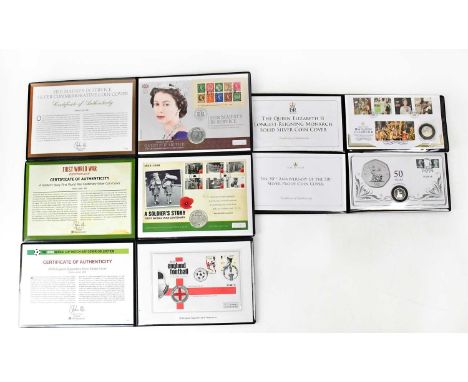 Five commemorative first day silver coin covers, comprising a commemorative 1oz Britannia, a WWI centenary £5, a 2010 England