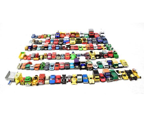 A collection of playworn diecast models to include Bburago Mercedes 190E, Matchbox Series 34 Volkswagen Caravette, Corgi Juni