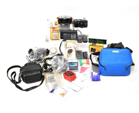 Various cameras, a camcorder and accessories including a Vito II, a Sharp VL-E79E camcorder with case, and various modern fil