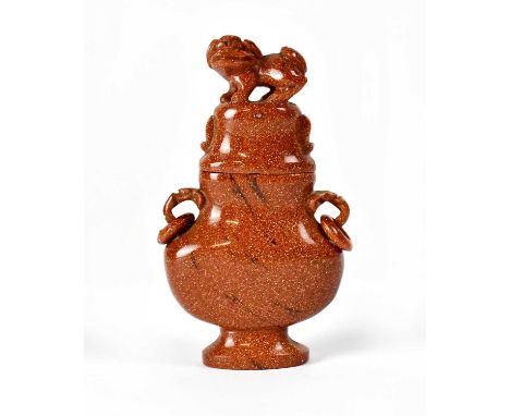A Chinese goldstone censer and cover, the cover with dog finial, the ovoid body with loop and drop handles, overall 11cm.
 Pr