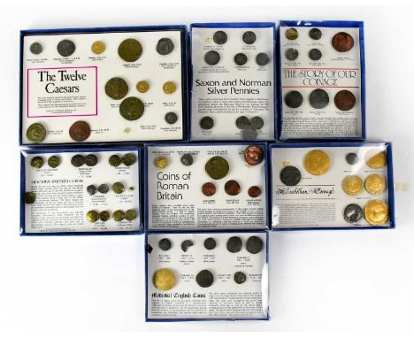 Seven cased sets of replica ancient coins, comprising 'Ancient British Coins', 'Saxon and Norman Silver Pennies', 'Medieval E