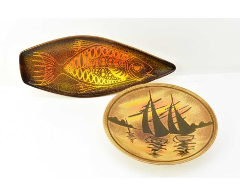 POOLE POTTERY; two 'Aegean' pattern items, comprising a shallow circular dish, height 4.5cm, diameter 26.5cm and a spear plat