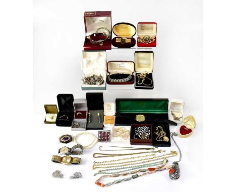 A group of costume jewellery, comprising a hallmarked silver bracelet with a heart-shaped padlock clasp, set with twelve ster