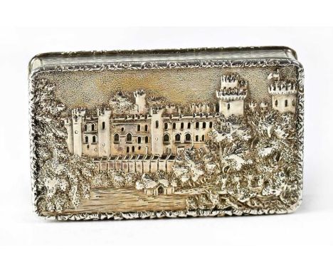 NATHANIEL MILLS; an early Victorian hallmarked silver castle top snuffbox with engine turned and floral decoration, the relie