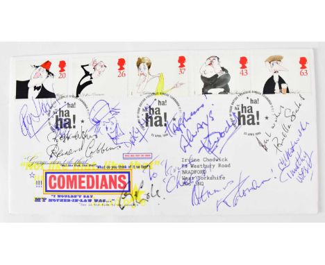 BRITISH COMEDY; a signed first day cover, bearing signatures comprising Dicky Mint (Ken Dodd), Bernard Cribbins, Roy Hudd, Pr