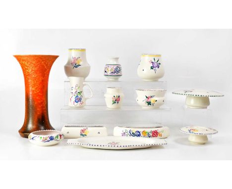 ROYAL LANCASTRIAN; a mottled orange vase with flared neck, height 29.2cm (af), together with twelve pieces of Poole pottery, 