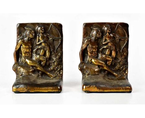 WEIDLICH; a pair of bronze bookends depicting a Native American father with his son, holding a bow and arrow, 14.5 x 10 x 7cm