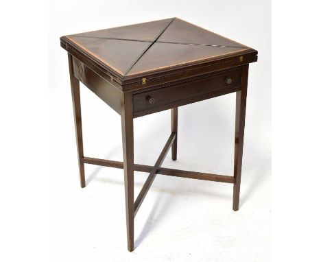 An Edwardian mahogany and satinwood inlaid envelope card table, with blue baize lined central panel and each flange with dimp