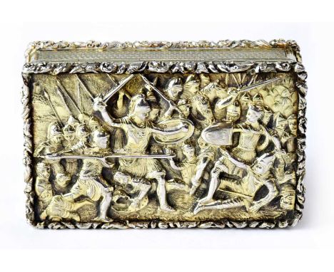 JOHN BETTRIDGE; a George IV hallmarked silver gilt snuffbox, with medieval battle scene to the lid, engine turned and floral 
