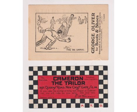 Trade cards, Cricket, two early UK advertising cards, Cameron The Tailor, New Cross Gate E14, back printed with Australian Te