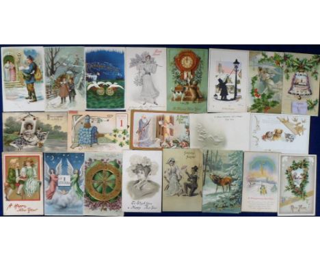 Postcards, a greetings selection of approx. 73 New Year cards with postmen, Father Time, embossed, chromos, children, animals