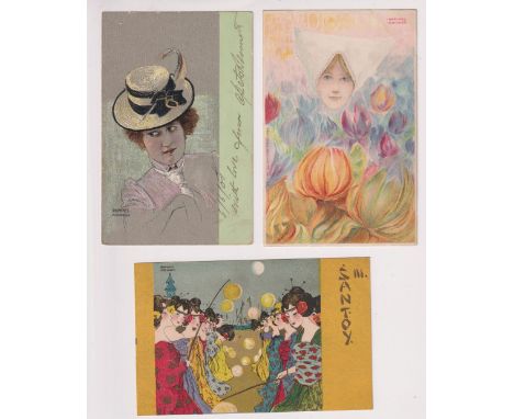 Postcards, Art Nouveau, Raphel Kirchner, three cards, Santoy III, Dutch girl with Tulips &amp; girl in boater with green bord