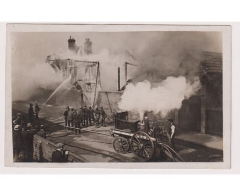 Postcard, Suffolk, RP, Box Factory Fire, pu Lowestoft 19th September 1907 with hand-drawn fire engine, message refers,( sligh