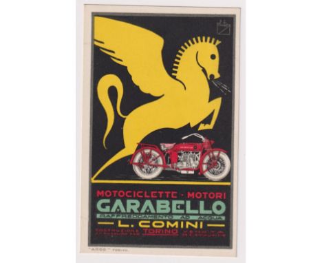 Postcard, Advertising, Motor Cycles, Italian Art Deco card, Garabello of Turin, by Vietata, (unused, vg) (1)