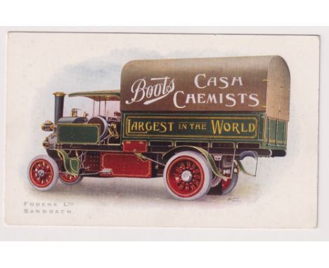 Postcard, Advertising, art style coloured card for 'Boots Cash Chemists' showing Foden's of Sandbach steam lorry with Boots a