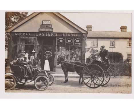 Postcards, Suffolk, wonderful RP of Easter's Supply Stores, Norton Post Office with automobile and horse-drawn cart outside (