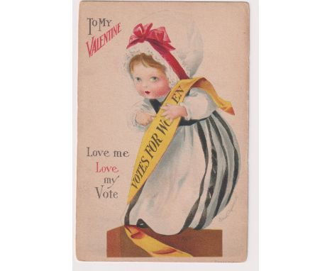 Postcard, Suffragettes, scarce American Valentine comedy caricature, girl with Votes For Women sash, pu early 1920’s cancel w