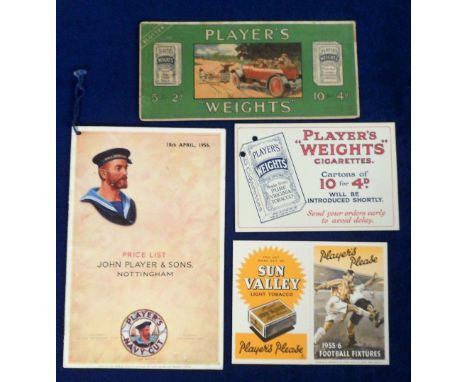Tobacco advertising, Player's, a price list dated 18th April, 1956, a Football Fixture card for Leicester City 7 Coventry 195