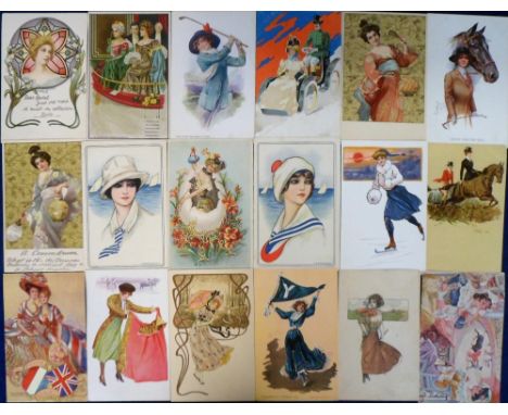 Postcards, Glamour, 30+ cards, inc. Golfing Girl, S. Meunier, Butcher, Nanni, Art Nouveau, Patriotic, Bathing, Riding Girl et