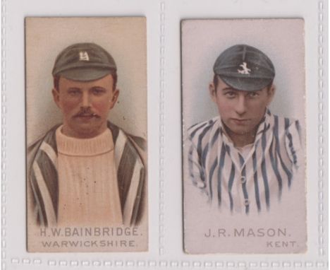 Cigarette cards, Wills, Cricketers 1896, two cards, H.W. Bainbridge, Warwickshire (age toning, light staining) &amp; J.R. Mas