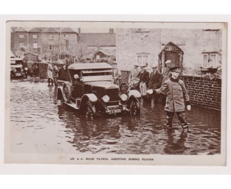 Postcard, Motoring, RP Advert for Automobile Association showing Patrol Man assisting Motor Car in Birmingham Floods, 1930, (
