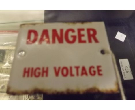 DANGER HIGH VOLTAGE enamel sign. { 5cm H X 6.5cm W }. 