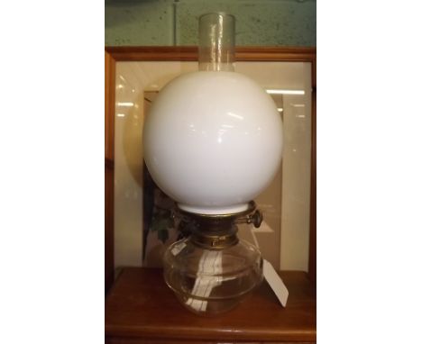 Victorian ceramic container lamp with glass bowl and white football shade. 